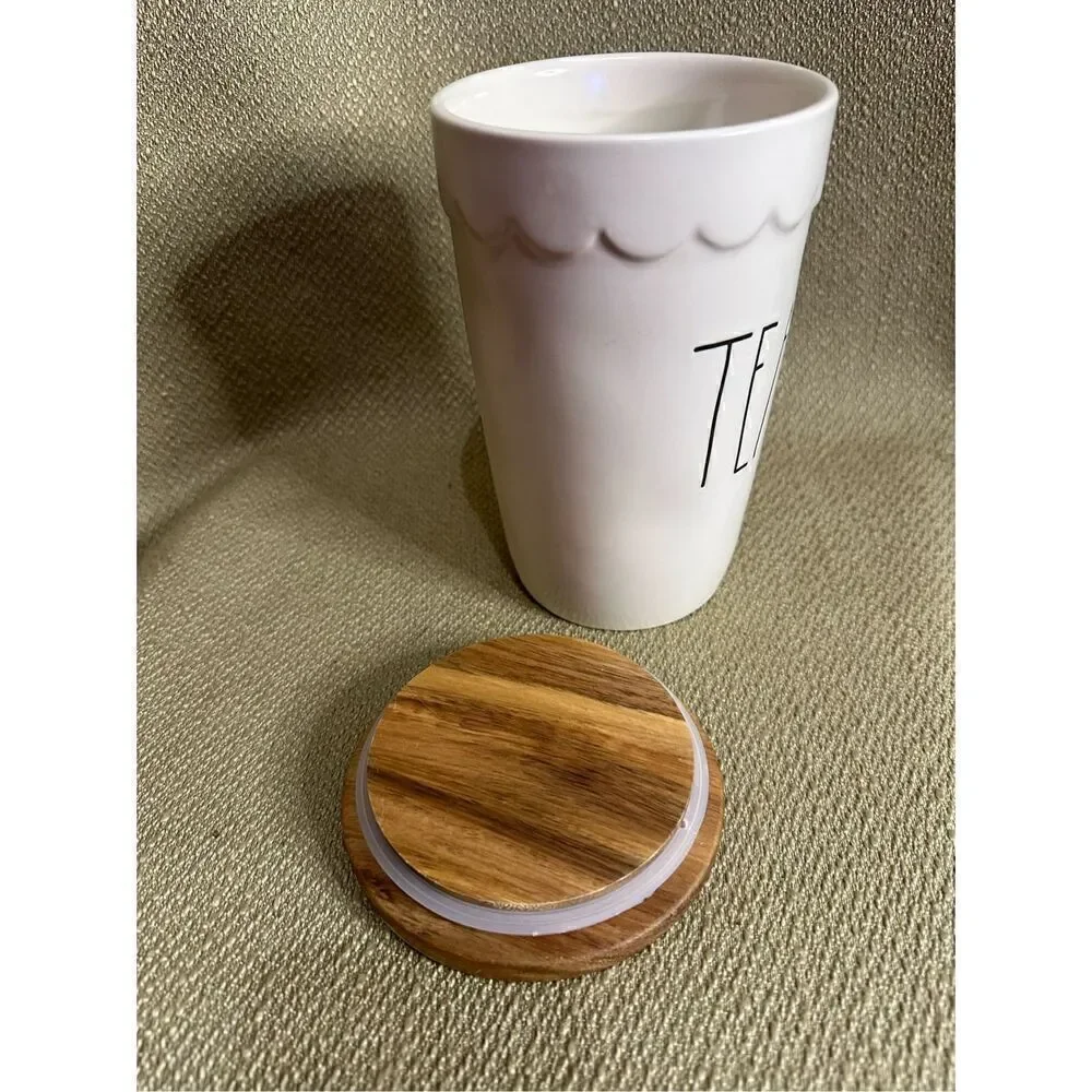Rae Dunn TEA Cellar Canister Storage Ivory Brown Wood Lid Farmhouse 7” X 4”